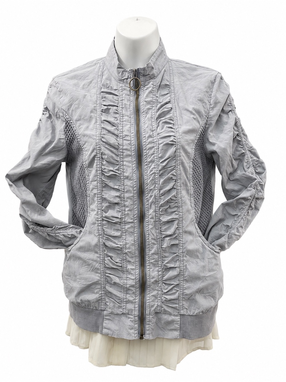 Wearables Gray Ruched Mesh Zip Jacket Size XS Utility Bomber - Picture 2 of 12